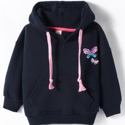 Olio Kids Fleece Full Drop Shoulder Sleeves Hooded Sweatshirt with Butterfly Print & Kangaroo Pockets - Navy Blue-image-56