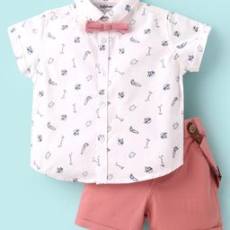 ToffyHouse Cotton Woven Half Sleeves Sports Theme Printed Shirt & Shorts Set with Bow & Suspender - Peach & White-image-6
