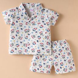 Ben Benny 100% Cotton Knit Half Sleeves Shorts Co-Ord Night Suit With Shark Print - White-image-64