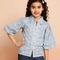 ISHTI Three Fourth Sleeves Ikat Printed Shirt Style Top - Light Sky Blue-image-24