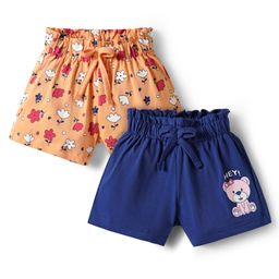 Doodle Poodle 100% Cotton Knee Length Shorts With Floral & Teddy Print Pack Of 2 - Navy Blue & Peach-image-81