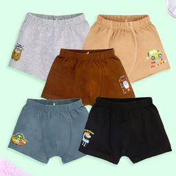 Kiddopanti Cotton Pack Of 5 Space Theme & Mini Monster Printed Boxers - Beige Steel Grey Black Grey Melange & Brown-image-34