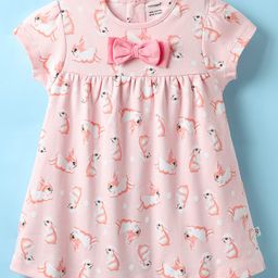 CUCUMBER Interlock Knit Half Sleeves Frock with Bunny Print & Bow Applique - Pink-picture-23