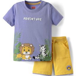 Babyhug Single Jersey Knit Half Sleeves T-Shirt & Shorts Set With Animal Print - Purple & Yellow-image-98