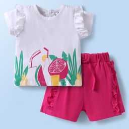 Doodle Poodle 100% Cotton Half Sleeves Tropical Theme Printed T-Shirt & Short Set With Frill Detailing - White & Dark Pink-image-78