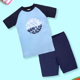 Kiddopanti Half Raglan Sleeves Pool Hair Dont Care Text Printed Swimming Tee & Shorts Set - Light & Navy Blue-image-9