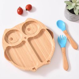 Kids Station 4 Piece Bamboo Feeding Set for Babies Includes Owl Shaped Plate with Suction Base, Spoon and Fork, Baby Tableware Set for Toddlers Eco Friendly and BPA Free in Blue-7