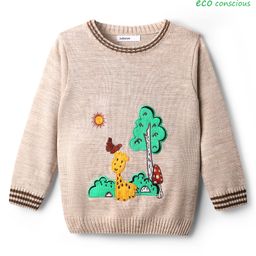 Babyoye 100% Cotton Full Sleeves Pullover Sweater With Giraffe Embroidery - Beige-image-54