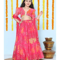 Bitiya By Bhama Silk Woven Three Fourth Sleeves Floral Printed & Gota Lace Embellished Lehenga Choli With Dupatta Set - Pink-picture-39