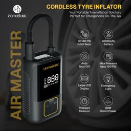 HOMEBASIC Air Master Cordless Tyre Inflator Air Pump for Car & Bikes| Upto 150 PSI, Rechargeable 4000mAh Battery, Digital Display, Preset Modes, Auto Shut-Off, Multiple Nozzles, Flashlight & Powerbank image 2