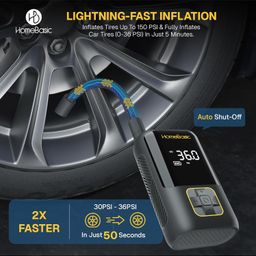 HOMEBASIC Air Master Cordless Tyre Inflator Air Pump for Car & Bikes| Upto 150 PSI, Rechargeable 4000mAh Battery, Digital Display, Preset Modes, Auto Shut-Off, Multiple Nozzles, Flashlight & Powerbank image 3
