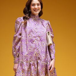 HERE&NOW Printed Puff Sleeves Cotton Drop-Waist Dress-picture-47