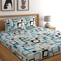 Home Ecstasy White & Blue Geometric 140 TC Cotton 1 King Bedsheet with 2 Pillow Covers-picture-11