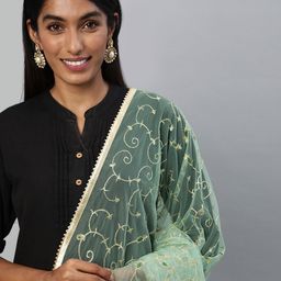 flaher Green Embroidered Dupatta with Zari-12