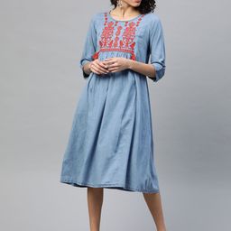 plusS Women Blue Yoke Design Embroidered Pure Cotton Chambray Midi A-Line Dress-image-31