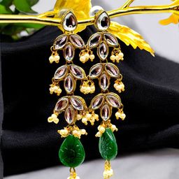 Dhivara Copper-Plated Artificial Stones Studded & Beaded Contemporary Drop Earrings-image-53