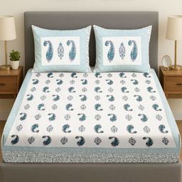 Myntra Elegant Homes Blue & White Printed Cotton 300 TC King Bedsheet Set 2.74 m x 2.28 m-image-88