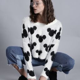 Kook N Keech Disney Women White & Black Self Design Sweater-image-14