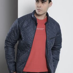 The Indian Garage Co Men Navy Blue Stand Collar Quilted Jacket-image-7
