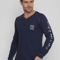 YAK YAK Men Navy Blue Printed V-Neck T-shirt-image-25