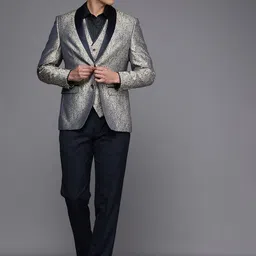 Louis Philippe Men Navy Blue & Grey Slim Fit Self Design Single-Breasted Formal Suit-image-52