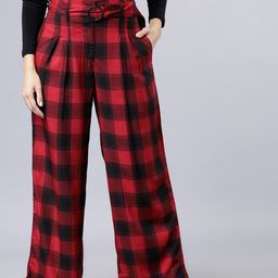 Tokyo Talkies Women Red & Black Regular Fit Checked Parallel Trousers-image-80