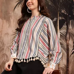 Sangria Striped Tasseled Hem Cotton Shirt Style Top-picture-33