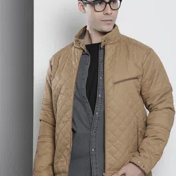 The Indian Garage Co Men Camel Brown Mock Collar Quilted Jacket-46