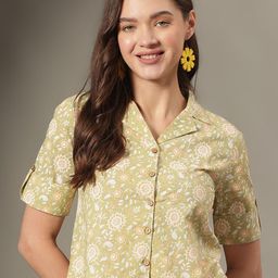 JANAKDULARI CREATION Floral Print Roll-Up Sleeves Cotton Shirt Style Crop Top-image-71