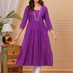 TROPWEAR Floral Yoke Design Pleated V-Neck Embroidered Cotton A-Line Naira Cut Kurta-picture-36