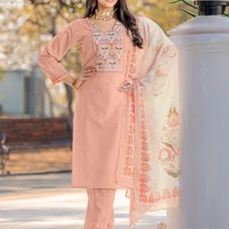 Vastukala Floral Embroidered V-Neck Pure Cotton Straight Kurta With Trousers & Dupatta-picture-7