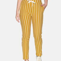 Campus Sutra Women Mustard Yellow & White Striped Straight-Fit Cotton Track Pants-image-80