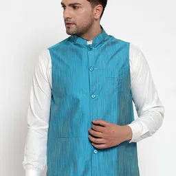 Jompers Men Blue Woven Design Pure Cotton Nehru Jacket-image-25