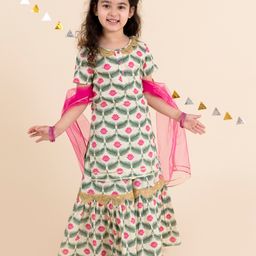Pspeaches Half Sleeves Lotus Printed Kurta With Sharara And Dupatta - Beige-image-49