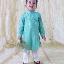 Tiber Taber Boy Pure Cotton Full Sleeves Kurta Set - Green-image-30