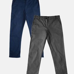 Kiddopanti Pack Of 2 Solid Button Down Pants - Navy Blue & Dark Grey-image-82