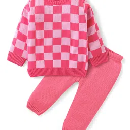 Babyhug Knitted Full Sleeves Checkered Sweater Set - Pink-picture-24