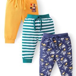 Babyhug Cotton Knit Full Length Lounge Pants with Stripes & Vehicle Print Pack of 3 - Yellow Green & Blue-image-94