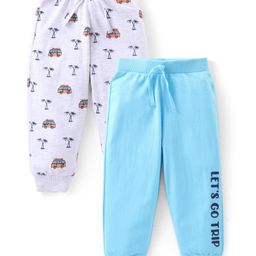 Babyhug Cotton Knit Full Length Lounge Pants with Vehicle Print Pack of 2 - Grey & Blue-image-92