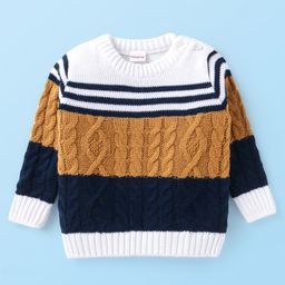 Babyhug Knitted Full Sleeves Pullover Sweater with Cable Knit & Striped Design - White Brown & Black-image-37