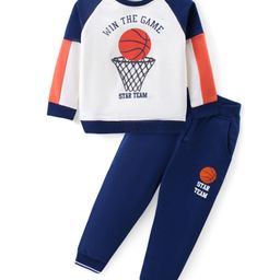 Babyhug Cotton Knit Raglan Sleeves Color Block T-Shirt & Lounge Pants Set With Basketball Print - White & Blue-image-42