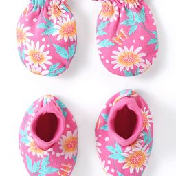 Babyhug 100% Cotton Knit Floral Printed Mittens & Booties Set - Pink-image-68