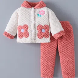 Kookie Kids Full Sleeves Collared Winter Wear Night Suit With Floral Applique - Cream & Pink-picture-32