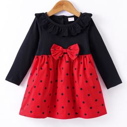 Kookie Kids Knitted Woven Full Sleeves Frock with Polka Dots Print & Bow Applique - Black & Red-image-38