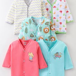 OHMS Single Jersey Knit Full Sleeves Front Open Vests with Chevron & Animal Print Pack of 5 - Pink Blue & White-picture-23