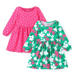 Honeyhap Premium 100% Cotton Knit Full Sleeves Floral & Polka Dots Printed Bio Finished Frocks Pack of 2 - Fandango Pink & Mint-picture-28