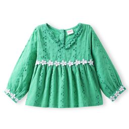 Babyhug Rayon Woven Full Sleeves Top With Frill Detailing & Flower Patch - Green-image-94
