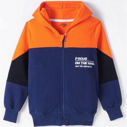 Under Fourteen Only Cotton Full Sleeves Typography Printed Colour Blocked Hooded Jacket - Neon Orange-image-75