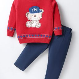 ToffyHouse Knitted Full Sleeves Winter Wear Suits with Bear Design - Red & Navy-image-96