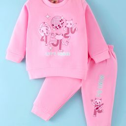 Zero Fleece Knit Full Sleeves Winter Wear Sweatshirt & Joggers Set with Animal Print - Pink-image-34
